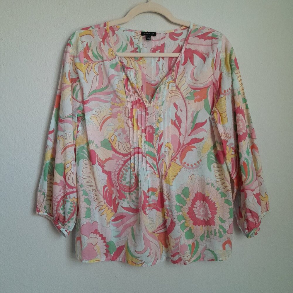 Talbots Tropical Botanical Balloon Sleeve 100% Cotton 3/4 Sleeve Top Size XS